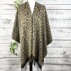 Manifattura Tessile Chiti Poncho Cape Shaw Brown Cheetah Italian Fringe Boho